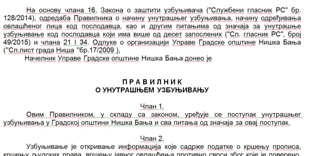 Pravilnik o unutrašnjem uzbunjivanju Pravilnik o unutrašnjem uzbunjivanju