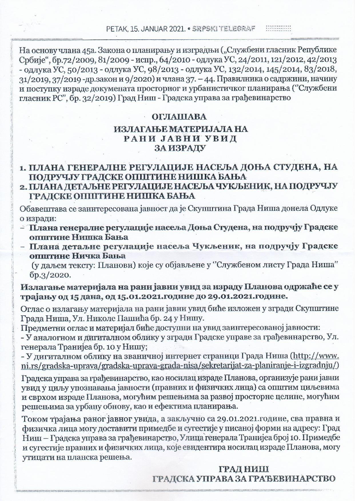 OGLAS o izlaganju plana generalne regulacije naselja Donja Studena i Čukljenik na rani javni uvid OGLAS o izlaganju plana generalne regulacije naselja Donja Studena i Čukljenik na rani javni uvid